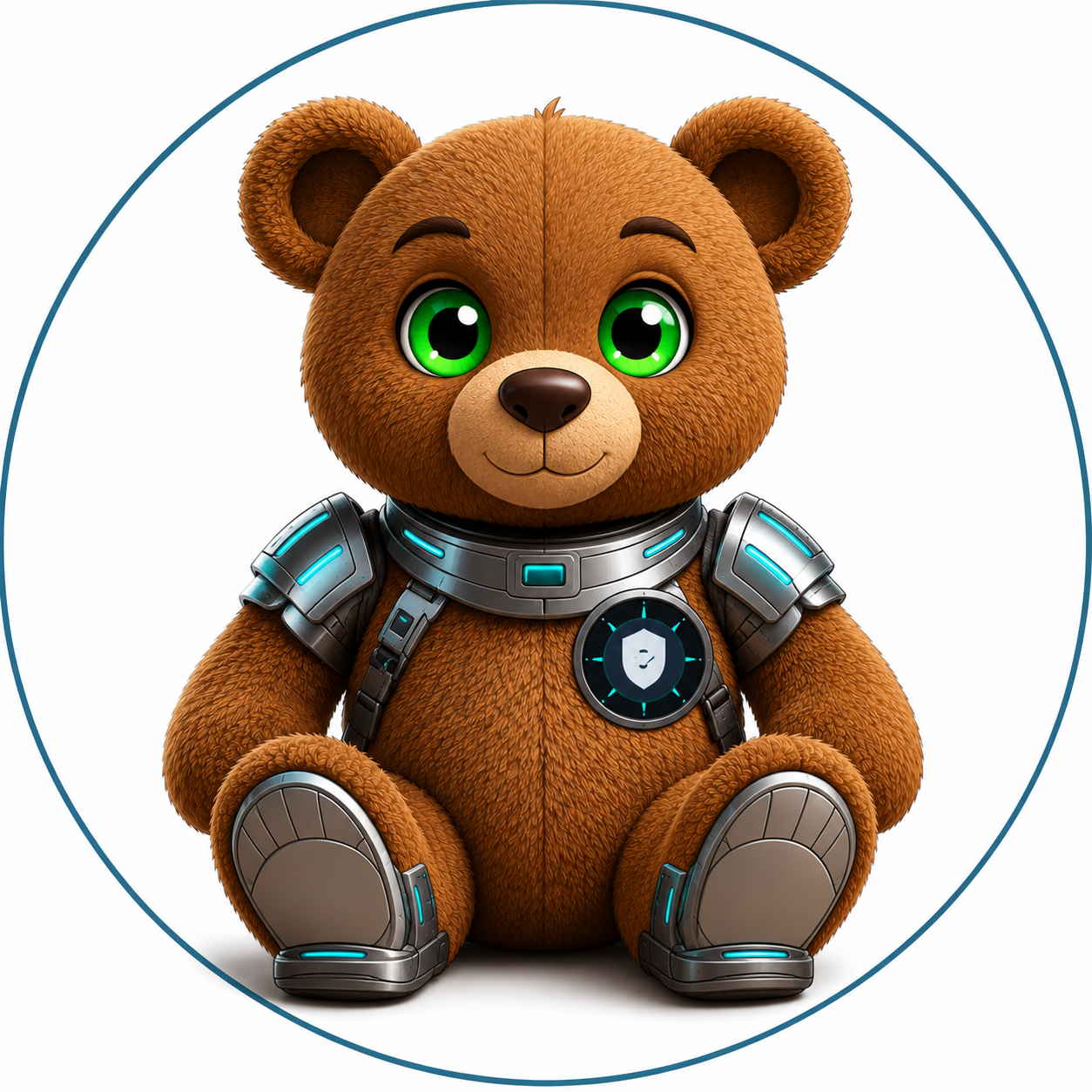 Freddy, StoryScribes' editorial teddy bear — a brown plush bear with futuristic space armored shoulder pads, mag boots, glowing green eyes, and a deputy shield badge on his chest.